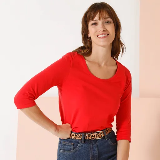 Tricou de culoare solidă cu mâneci 3/4 și decolteu rotund