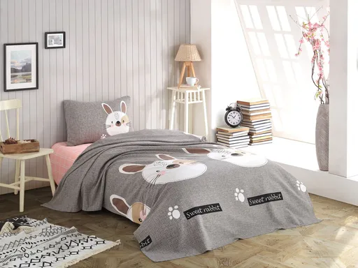 Set cuvertura pique dubla 3 piese, L'essentiel Maison, Tavşancık, Bumbac, Grey / Brown / Beige / Black / Pink