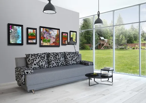 Canapea Extensibila Roma Grey Black Flower 205x90x86 cm + lada de depozitare