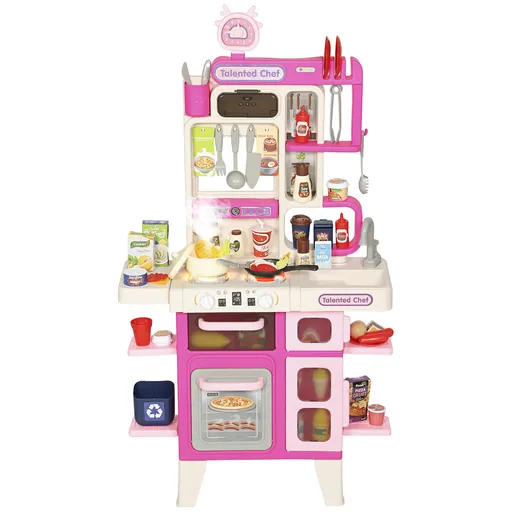 AIYAPLAY Bucătărie de Jucărie pentru Copii 3-6 Ani cu 104 Accesorii, din PP, PE și ABS, 52.5x22x100 cm, Roz | Aosom Romania