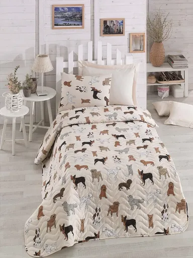 Set cuvertura de pat matlasata, Eponj Home, Havhav Cream, 2 piese, 65% bumbac, 35% poliester, multicolor