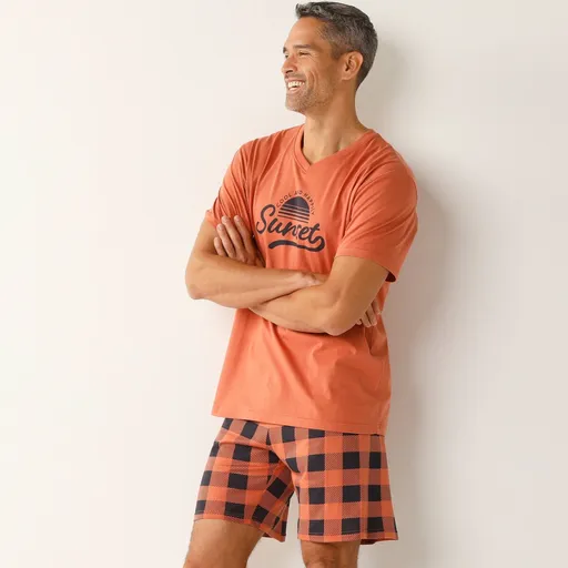 Pijama din bumbac în carouri cu mâneci scurte și pantaloni scurți
