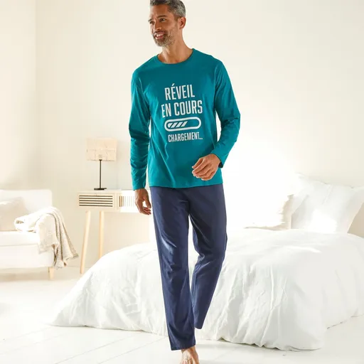 Pijama cu pantaloni, decolteu rotund și text imprimat