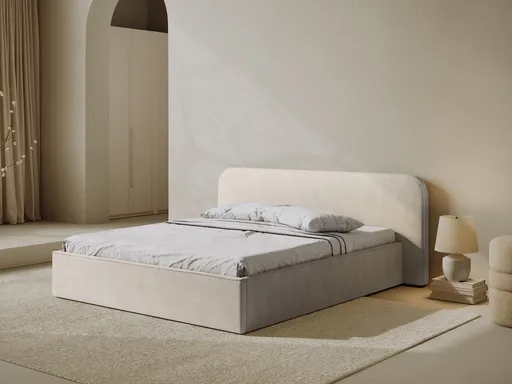 Pat tapitat cu somiera rabatabila si lada depozitare, 200x200 cm, Micadoni Home, Elizabeth-68, tesatura structurata chenille, bej