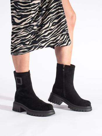 Botine negre confortabile pentru femei pe călcâi plat