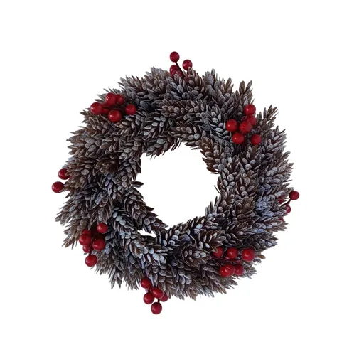 Ghirlanda din plastic cu conuri acoperite de chiciură și boabe roșii, lungime 26 cm