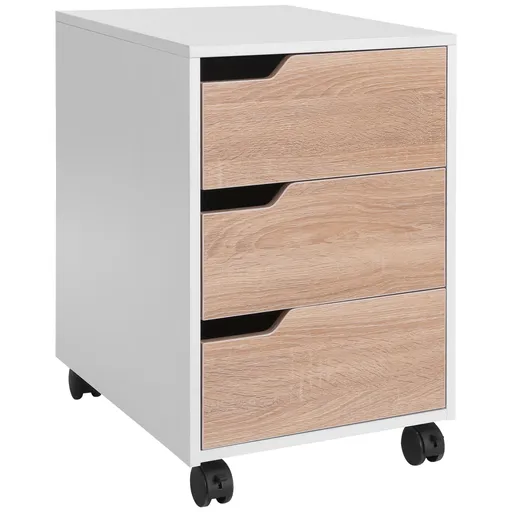 Comoda din MDF cu 3 Sertare si 4 roti cu rotatie de 360 ° (2 cu frane), pentru Birou sau Studio Alba si Lemn 31x37x7.2cm HOMCOM | Aosom Romania