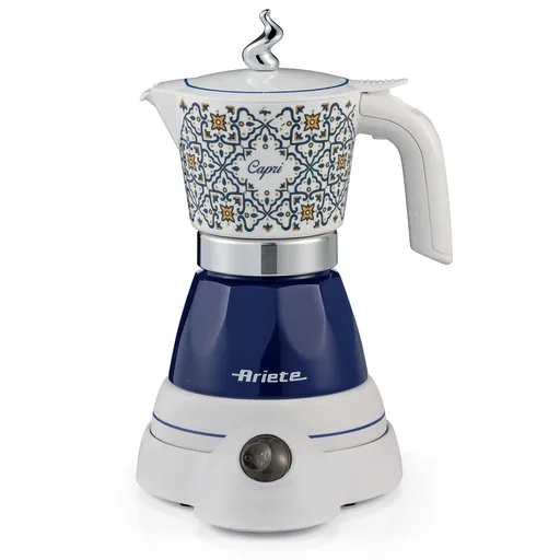 Ariete Moka Vintage Capri 1358/1C Aparat electric de cafea, 400 W, 4 cești, utilizare fără cablu, bază rotativă la 360 de grade, alb/albastru