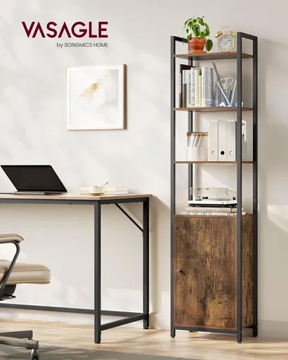 Corp biblioteca, Vasagle, Industrial Tall, 40x24x159.5 cm, otel/PAL, maro/negru