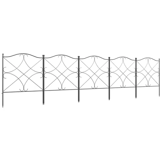 Outsunny Set Gard de Grădină cu 5 Panouri și Stâlpi, Gard Decorativ din Metal, 305x62 cm, Negru | Aosom Romania