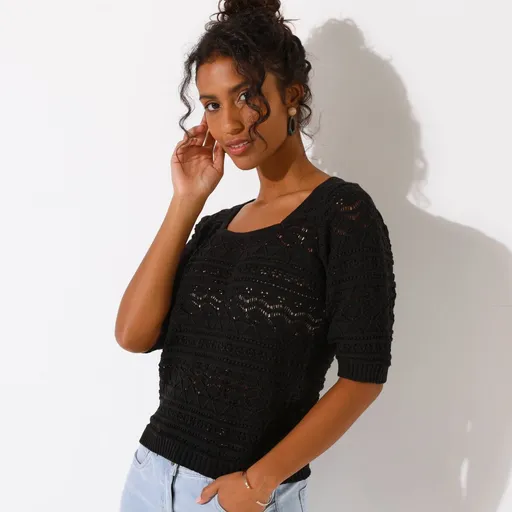 Pulover ajurat cu mâneci până la cot