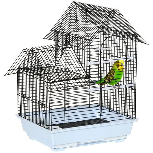 PawHut Colivie metalica cu maner, casa cu tava detasabila, cuiere si leagan din plastic, 39x33x47cm, alb | Aosom Romania