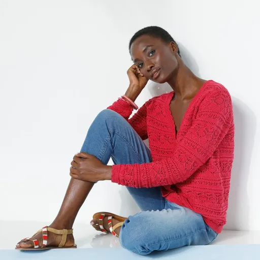 Pulover cu decolteu în V din catifea cu nasturi în jos