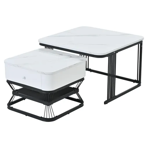 Set masă de cafea, 2 piese, set masă pentru living cu 1 sertar, 70x70x45 cm/50x50x40 cm, Alb+Negru