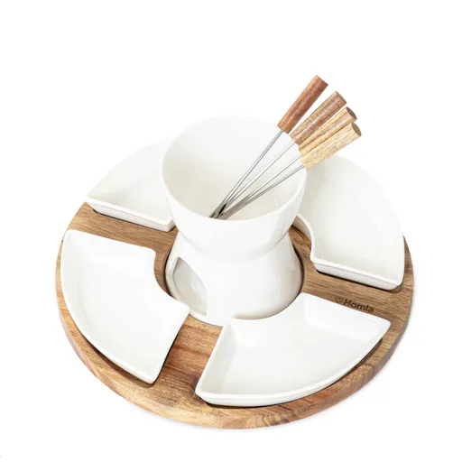 Set servire fondue Mooka, Homla, 27x13 cm, portelan/lemn/inox, alb/natur