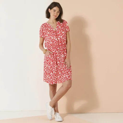 Rochie scurtă cu decolteu cu fermoar și mâneci scurte, din crepon cu imprimeu