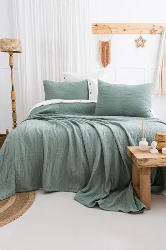 Set cuvertura de pat dubla 3 piese, L'essentiel Maison, Janna, Bumbac, Verde