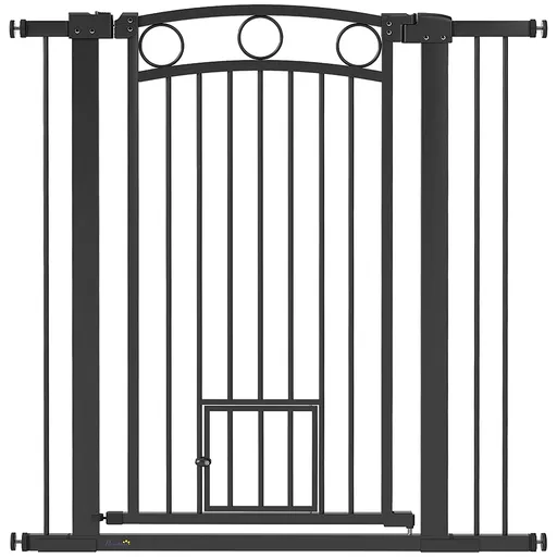 PawHut Poartă pentru animale de companie înaltă de 106 cm cu lățime reglabilă, ușă integrată pentru pisici, pentru scări și tocuri de ușă, Negru | Aos