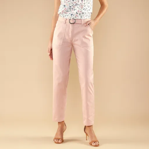 Pantaloni drepti cu centura cu catarama metalica, twill