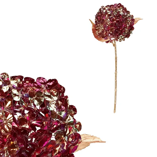 Hortensie artificială tăiată, cu auriu, floareviolet-aurie, 60 cm, mov