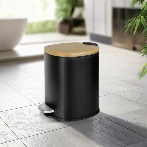 Cos de gunoi cu pedala Fianema, Wenko, 17x21x23.5 cm, otel/bambus/polipropilena, negru/natur