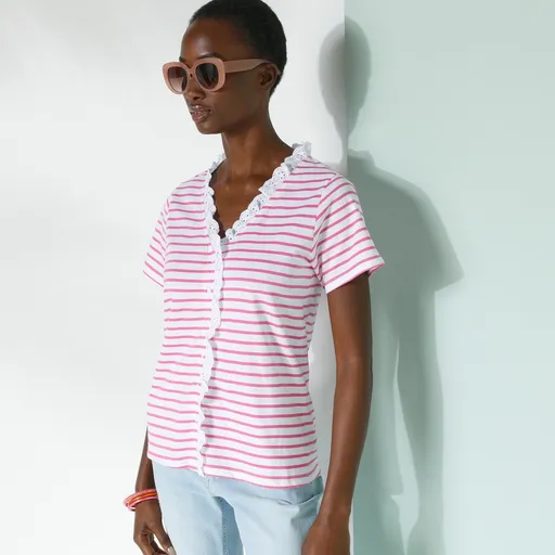 Tricou cu mâneci scurte cu broderie englezească, în dungi