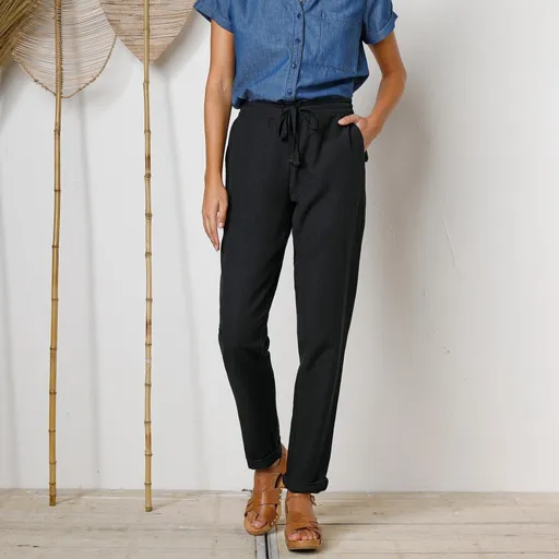 Pantaloni drepți, aerisiți, din bumbac și in