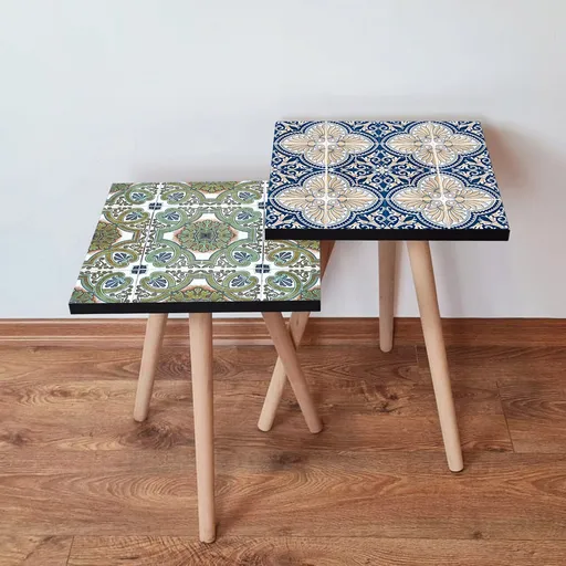 Set masute 2 piese, Hanah Home, 2Shp465, Verde / Alb / Bleumarin / Bej