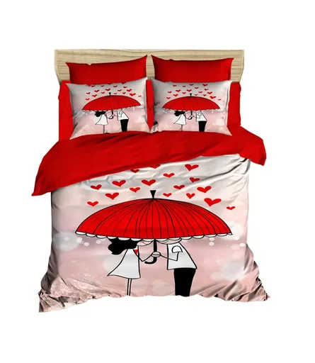 Lenjerie de pat dubla 3 piese, L'essentiel Maison, 207, Alb / Roșu / Roz