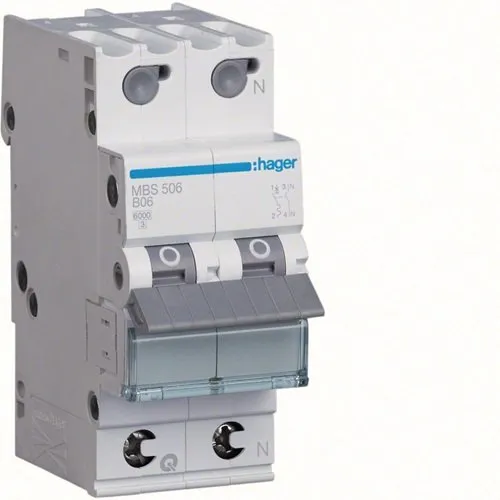 Siguranta automata Hager MBS506, curba B , 6A, 1P+N, 6kA, 2M, QuickConnect