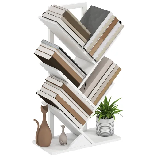 HOMCOM Bibliotecă în Formă de Copac cu 5 Rafturi și Sistem Antivărsare pentru Sufragerie Dormitor 50x24x82 cm Alb | Aosom Romania