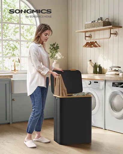 Cos de rufe textil cu 2 compartimente, Songmics, 52x38.5x70.5 cm, 130 L, bambus/tesatura Oxford, negru