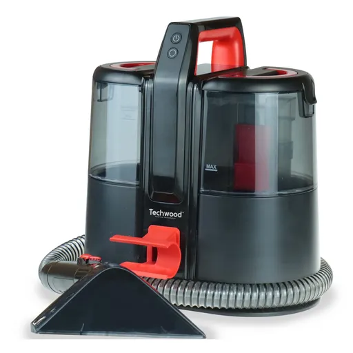 Aspirator pentru textil Techwood TAN-8005R, 185W, Li-Ion 220 mAh, Fara fir, Rezervor de apa curata si reziduala, Autonomie 40 min, 2 viteze, Negru/Ros