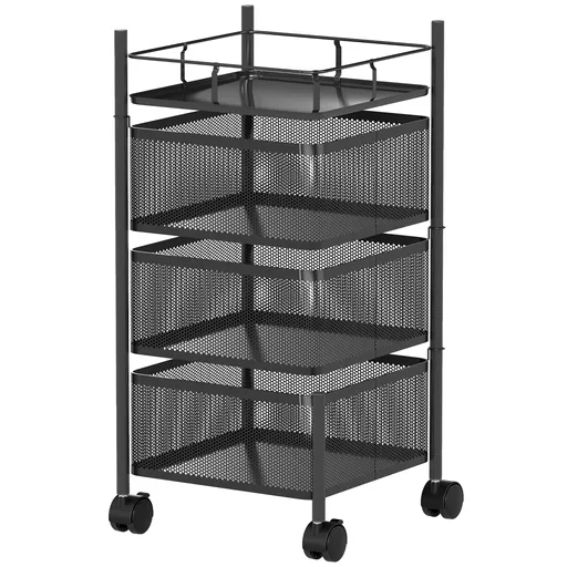 HOMCOM Cărucior de Bucătărie cu 3 Nivele cu Coșuri Rotative din Metal, Roți și Frână, 27,5x27,5x62 cm, Negru | Aosom Romania