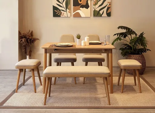 Set masa extensibila si scaune, Hanah Home, Vina Mini 03 1005, Stejar / Crem