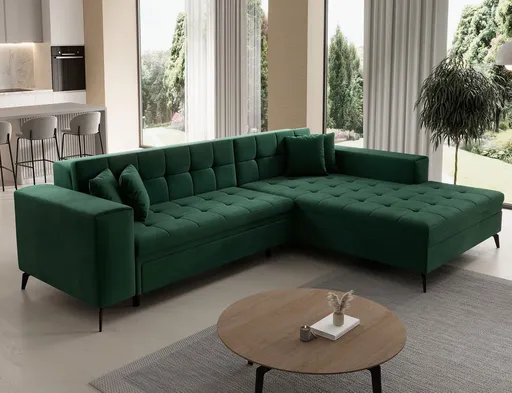 Coltar extensibil dreapta 4 locuri ELTAP, Sol-39, Solange, 292x196x84 cm, lemn/poliester, verde inchis