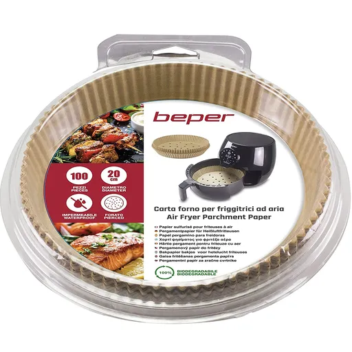 Set 100 forme din hartie Air Fryer Beper C103ACC001, Diametru 20 cm, Hartie de copt, Biodegradabile, Maro
