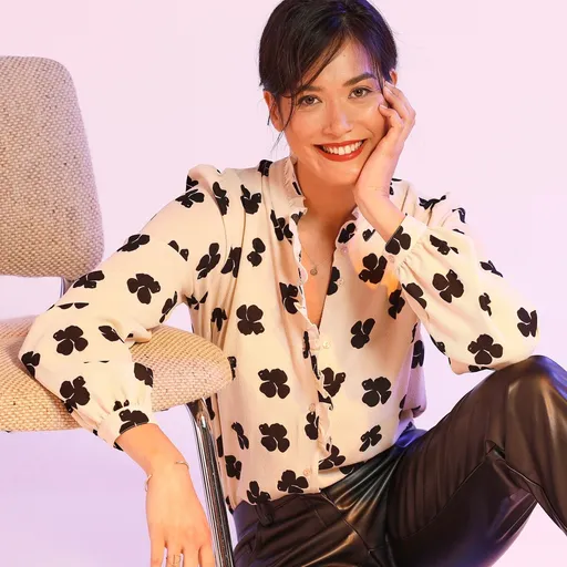 Bluză cămașă imprimată cu decolteu cu volane