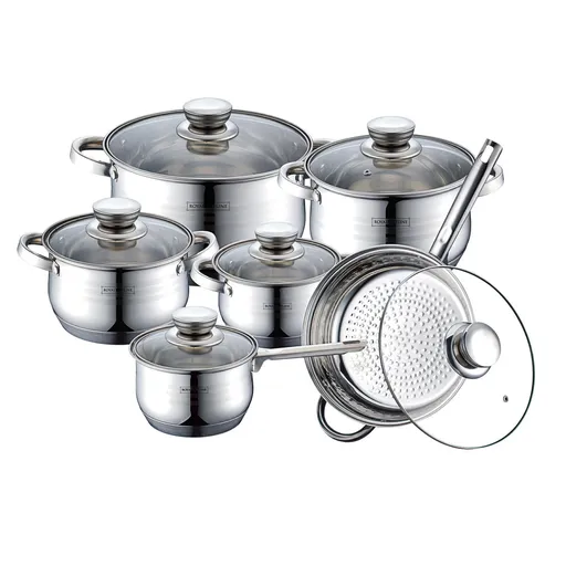 Set oale si tigaie ROYALTY LINE RL-1231, 12 piese, Otel inoxidabil, Fund multistraturi, Inductie, Inox