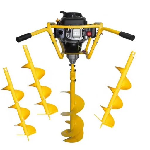 Pachet - Motoburghiu benzina profesional, Putere 5 CP - 4 x Burghiu pamant 100 mm, 150 mm, 200 mm, 300 mm