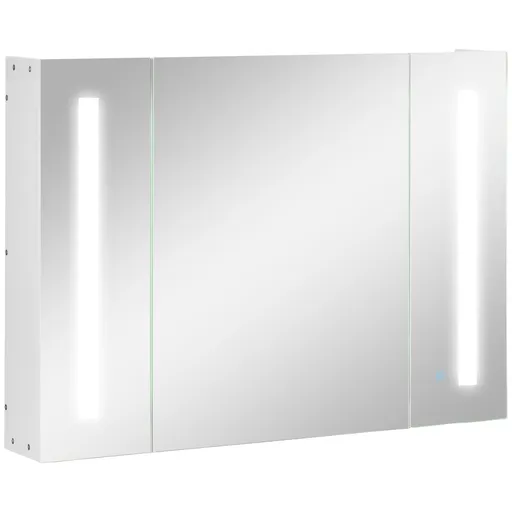 Kleankin Dulap de Baie LED cu Oglindă, 3 Uși și Rafturi Reglabile, Organizator de Depozitare Reglabil, 90x15x65 cm, Alb | Aosom Romania
