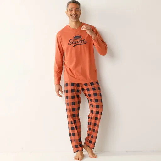 Pijama din bumbac în carouri cu mâneci lungi și pantaloni