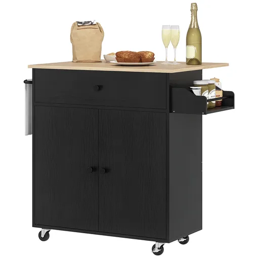 HOMCOM Insulă de Bucătărie cu Ala Rabatabilă 2 Uși Sertar Suport pentru Condimente Bară de Agățat Șervețel și Raft Reglabil 106x42x87 cm Negru și Stej