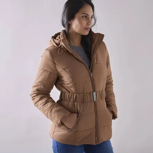 Jachetă matlasată scurtă impermeabilă cu curea și fermoar