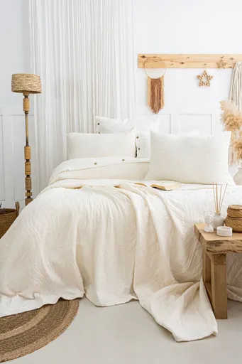 Set cuvertura de pat dubla 3 piese, L'essentiel Maison, Janna, Bumbac, Crem