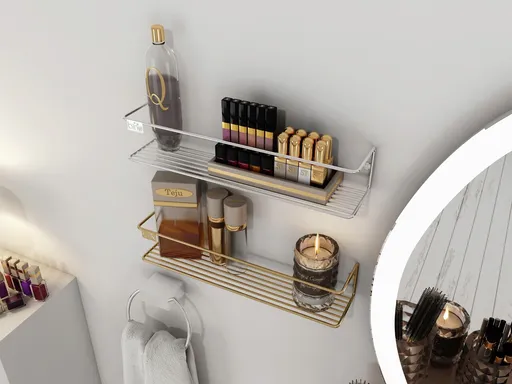 Raft de perete, Hanah Home, Banyo Makyaj Rafı, Suport pentru condimente, Auriu