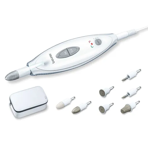 Set manichiura si pedichiura Beurer MP 41, 7 atasamente, 2 viteze, disc safir, lumina LED, alb