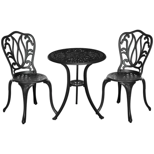 Outsunny Set de mobilier de grădină 2 locuri, 2 scaune și Masă rotundă stil retro din fontă de aluminiu, negru | Aosom Romania