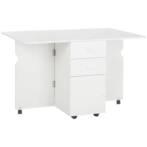 HOMCOM Masa de Bucatarie pliabila cu 2 Sertare si Dulapior cu Usi, Masa Plianta cu 6 Roti din PAL, 120x80x75 cm, Alb