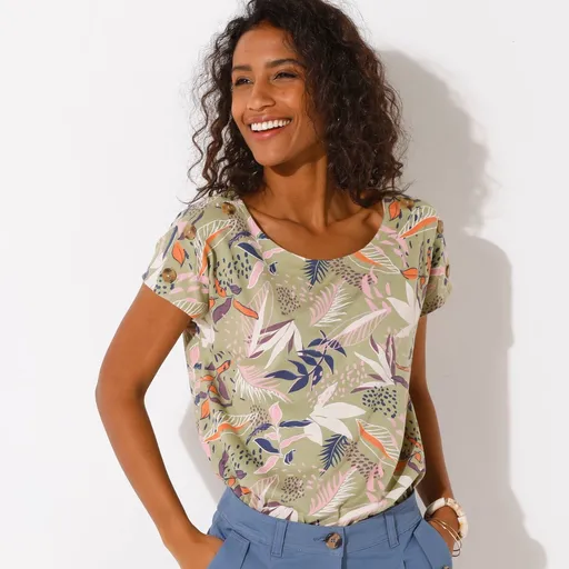 Tricou imprimat cu nasturi pe umeri